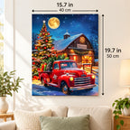Moonlit Christmas Delivery Red Truck paint by numbers canvas displayed in a bright living room, 15.7 × 19.7 in / 40 × 50 cm