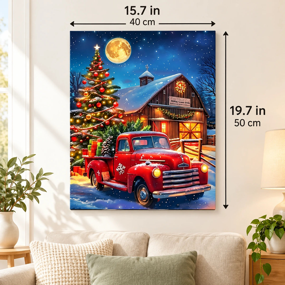 Moonlit Christmas Delivery Red Truck paint by numbers canvas displayed in a bright living room, 15.7 × 19.7 in / 40 × 50 cm