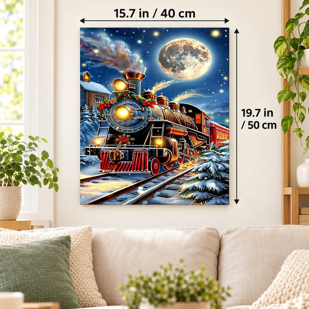 Moonlit Christmas Express Train paint by numbers canvas displayed in a bright living room, 15.7 × 19.7 in / 40 × 50 cm