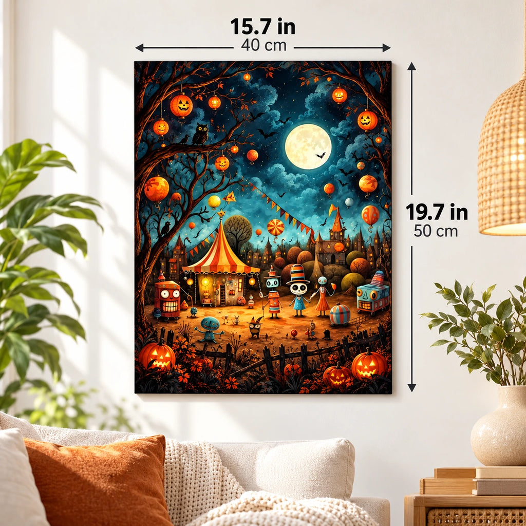 Moonlit Halloween Fair paint by numbers canvas displayed in a bright living room, 15.7 × 19.7 in / 40 × 50 cm