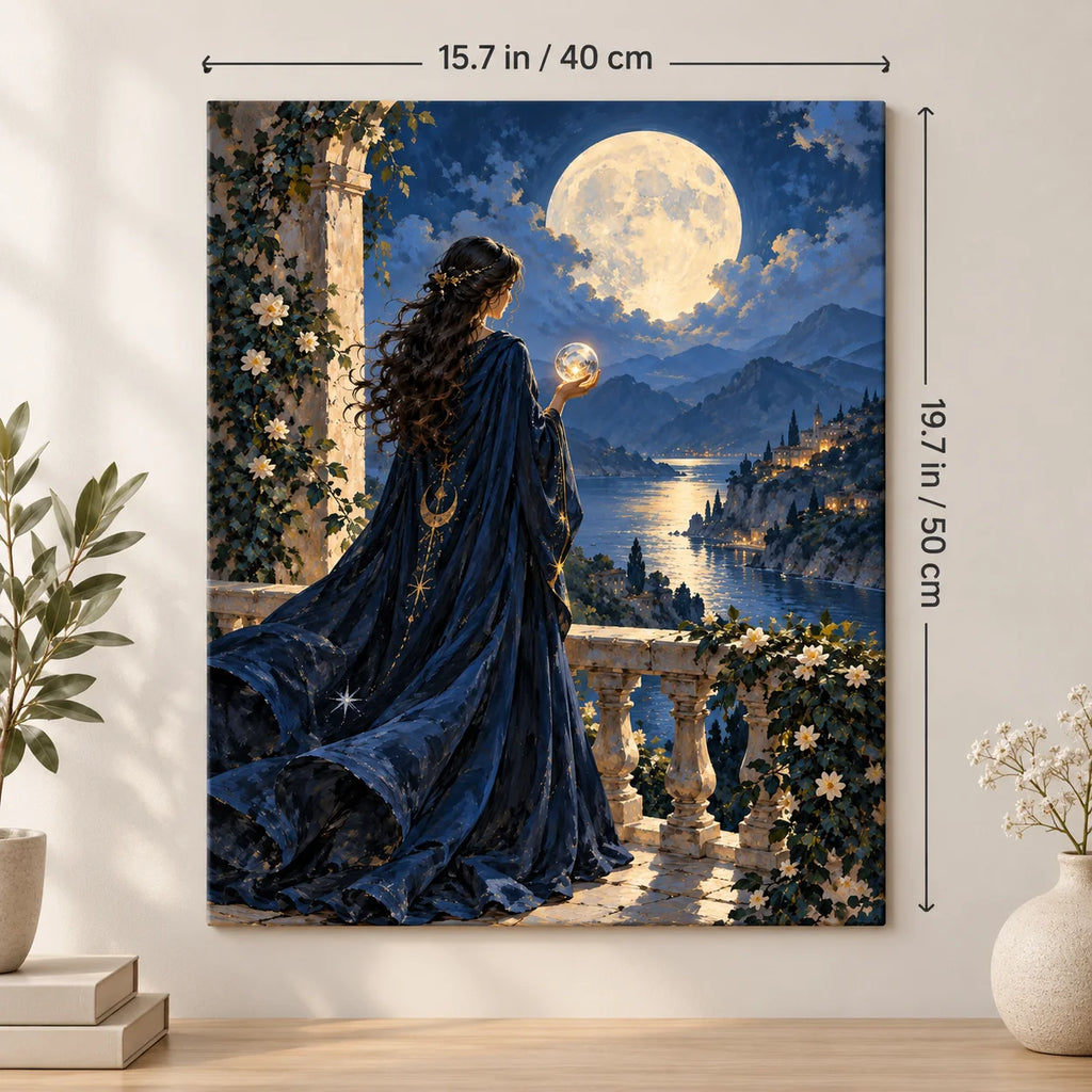 Portrait size guide for the Moonlit Oracle Woman with Crystal Ball on Terrace paint by numbers kit, 15.7 × 19.7 in (40 × 50 cm).
