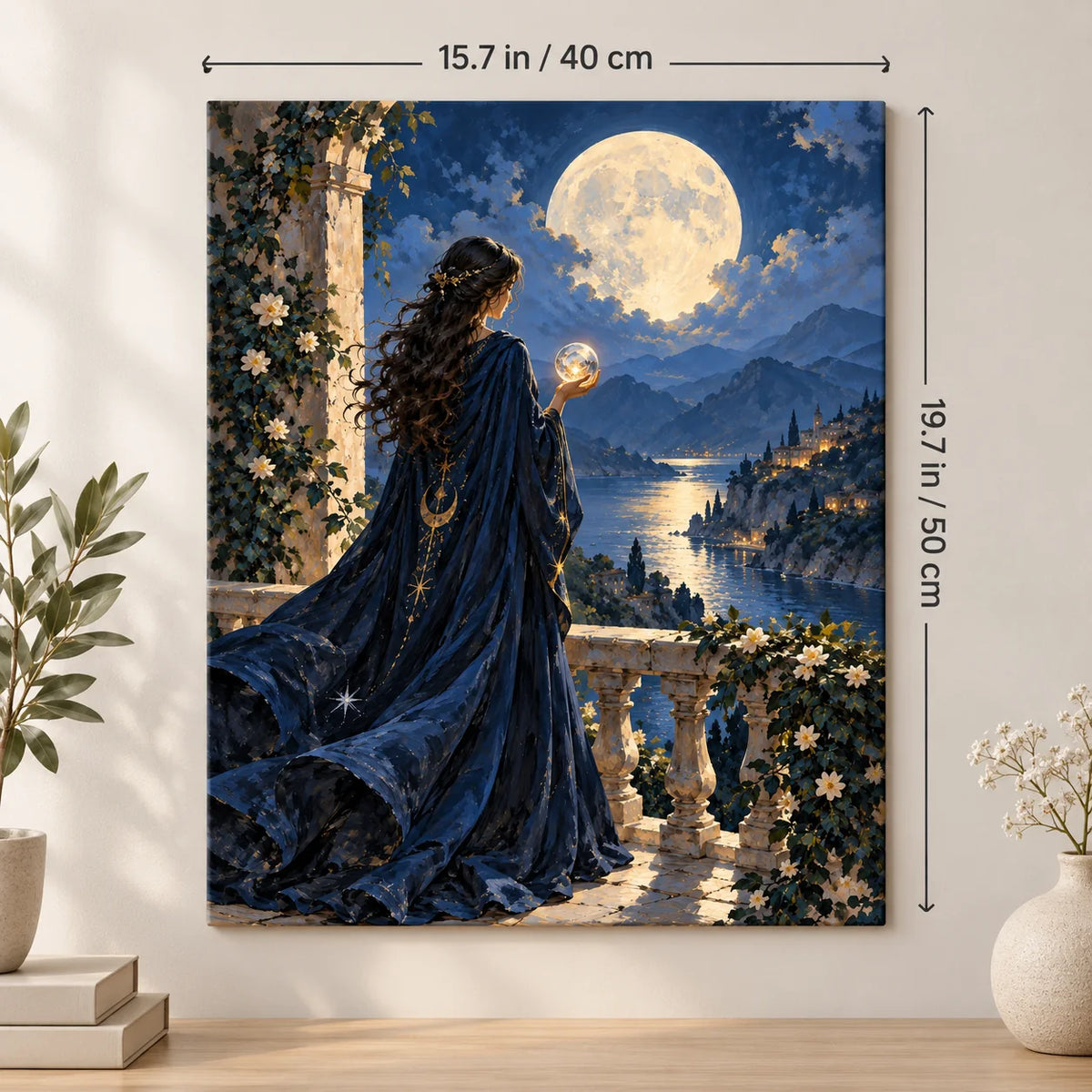 Portrait size guide for the Moonlit Oracle Woman with Crystal Ball on Terrace paint by numbers kit, 15.7 × 19.7 in (40 × 50 cm).