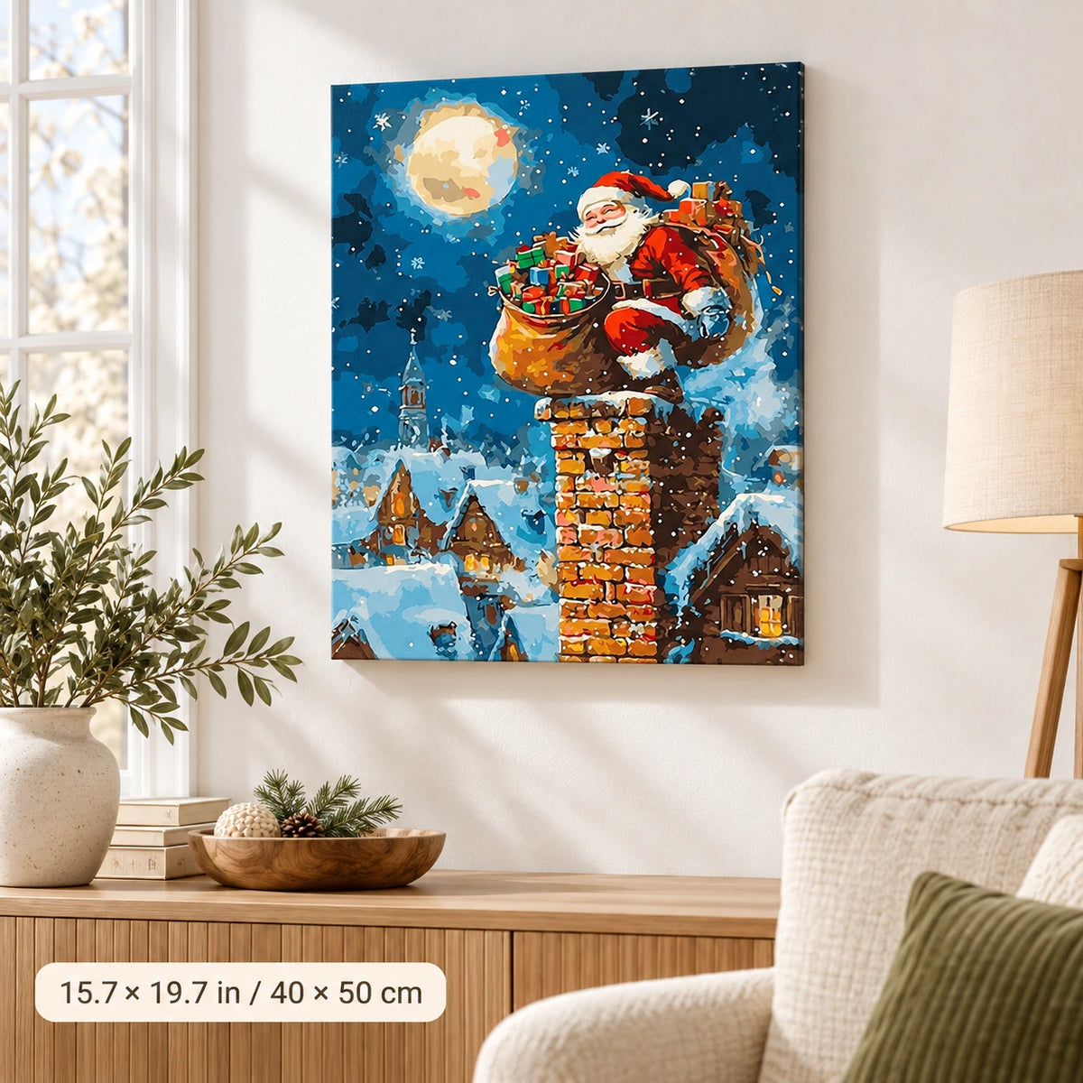 Moonlit Santa Delivery paint by numbers canvas displayed in a bright living room, 15.7 × 19.7 in / 40 × 50 cm