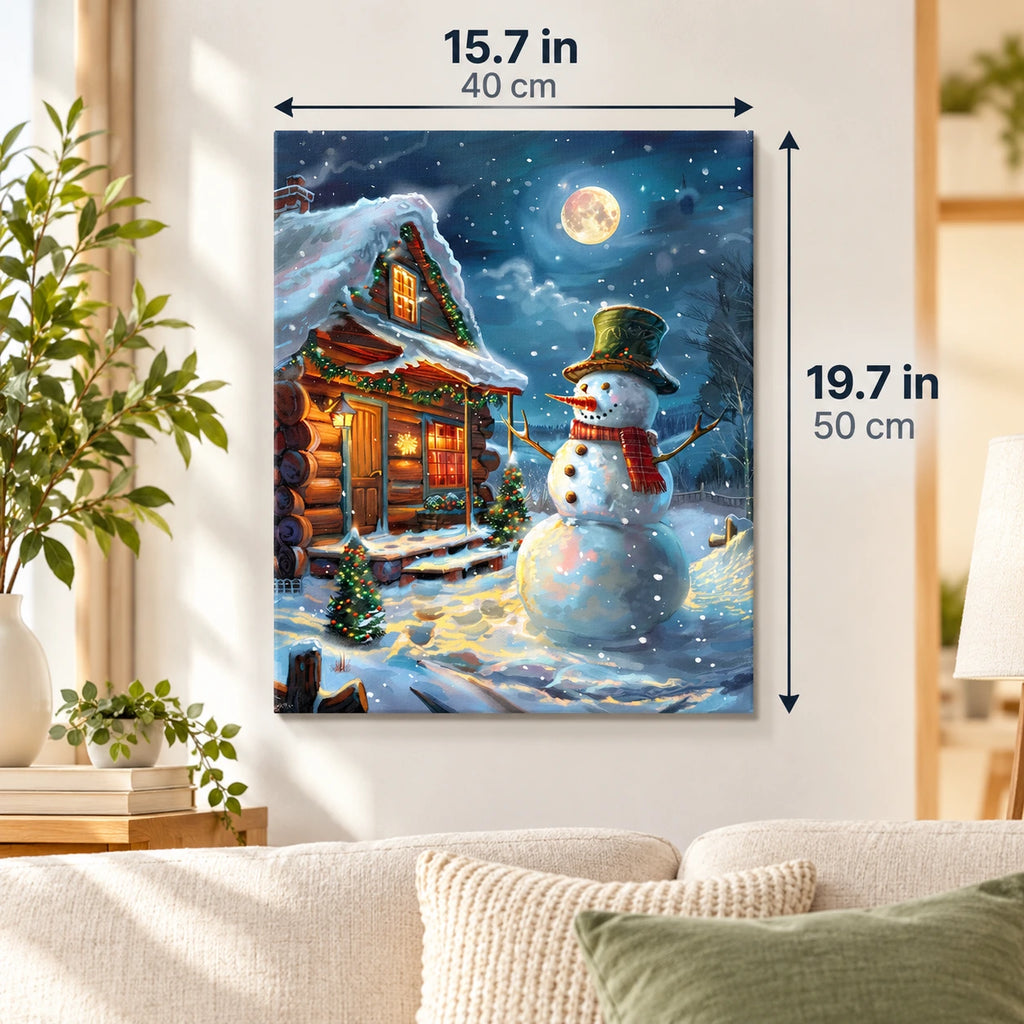 Moonlit Snowman Cabin paint by numbers canvas displayed in a bright living room, 15.7 × 19.7 in / 40 × 50 cm