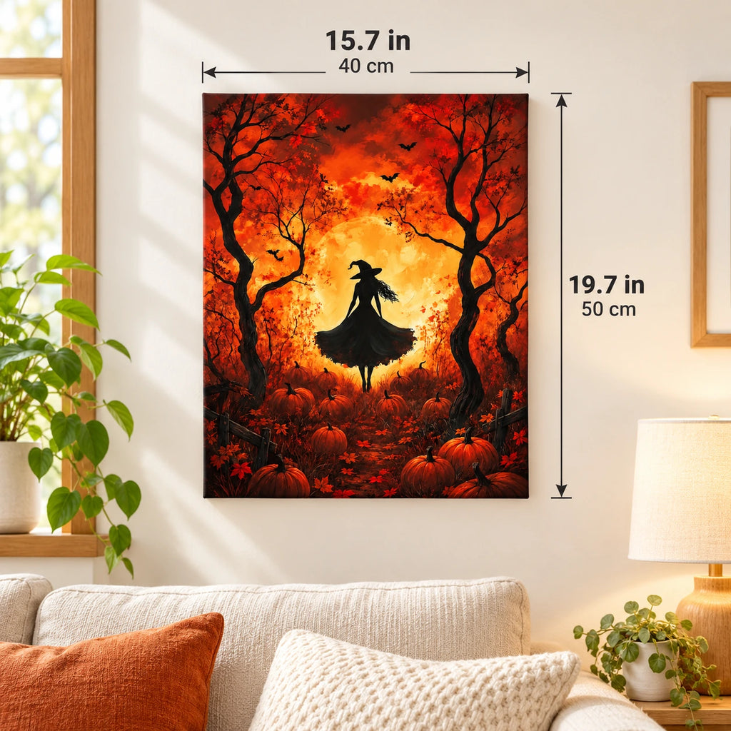 Moonlit Witch Among Pumpkins paint by numbers canvas displayed in a bright living room, 15.7 × 19.7 in / 40 × 50 cm