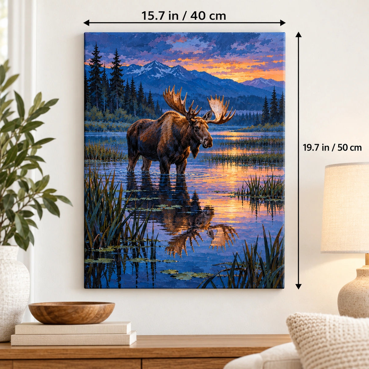 40 × 50 cm (15.7 × 19.7 in) size guide for Moose in a Wetland at Blue Hour paint by numbers kit