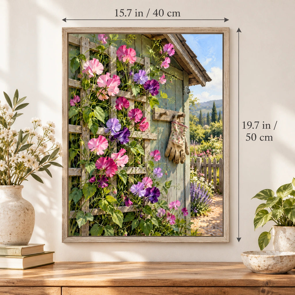 Morning Glories Garden Shed paint by numbers canvas shown with 15.7 × 19.7 in (40 × 50 cm) dimensions