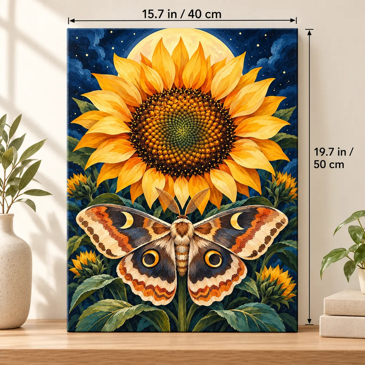 Portrait size guide for the Moth Oracle Sunflower Disc paint by numbers kit, 15.7 × 19.7 in (40 × 50 cm).