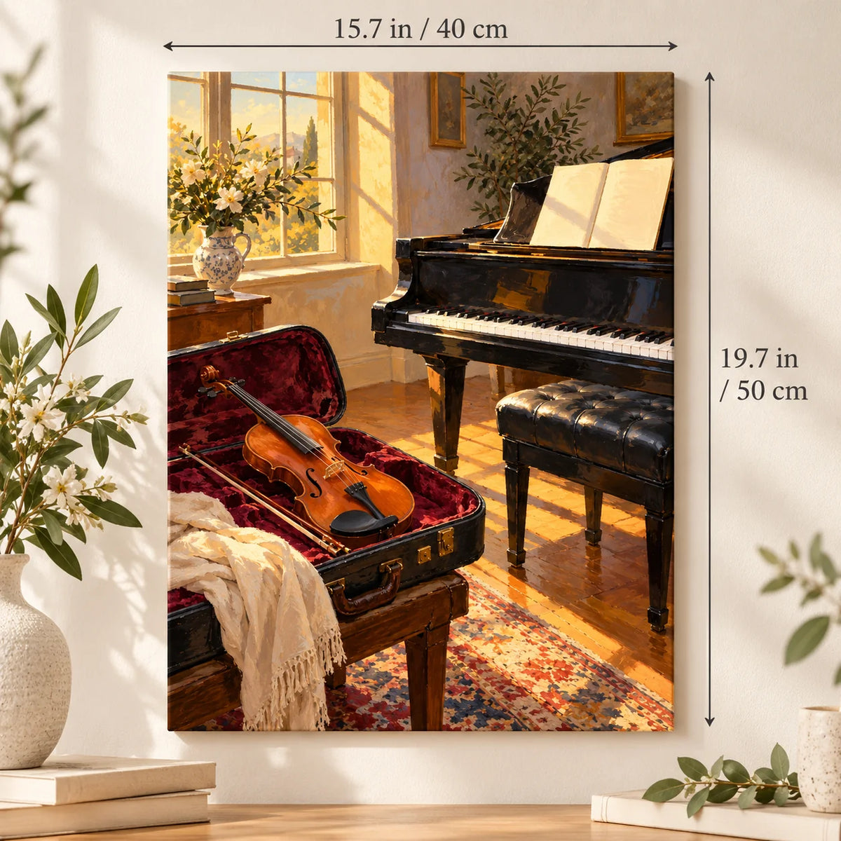 `03-music-practice-room-violin-size-guide.webp` — Portrait size guide for the Music Practice Room Violin paint by numbers kit, 15.7 × 19.7 in (40 × 50 cm).