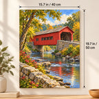 `03-new-england-covered-bridge-size-guide.webp` — Portrait size guide for the New England Covered Bridge paint by numbers kit, 15.7 × 19.7 in (40 × 50 cm).