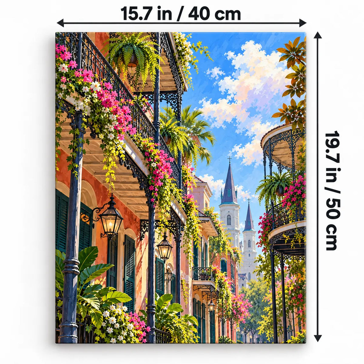 Portrait 40 × 50 cm size guide for the new orleans iron balcony paint by numbers kit.