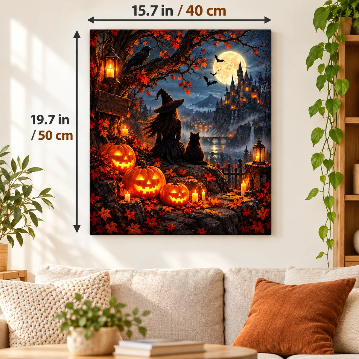 Night Watch by the Pumpkin Patch paint by numbers canvas displayed in a bright living room, 15.7 × 19.7 in / 40 × 50 cm