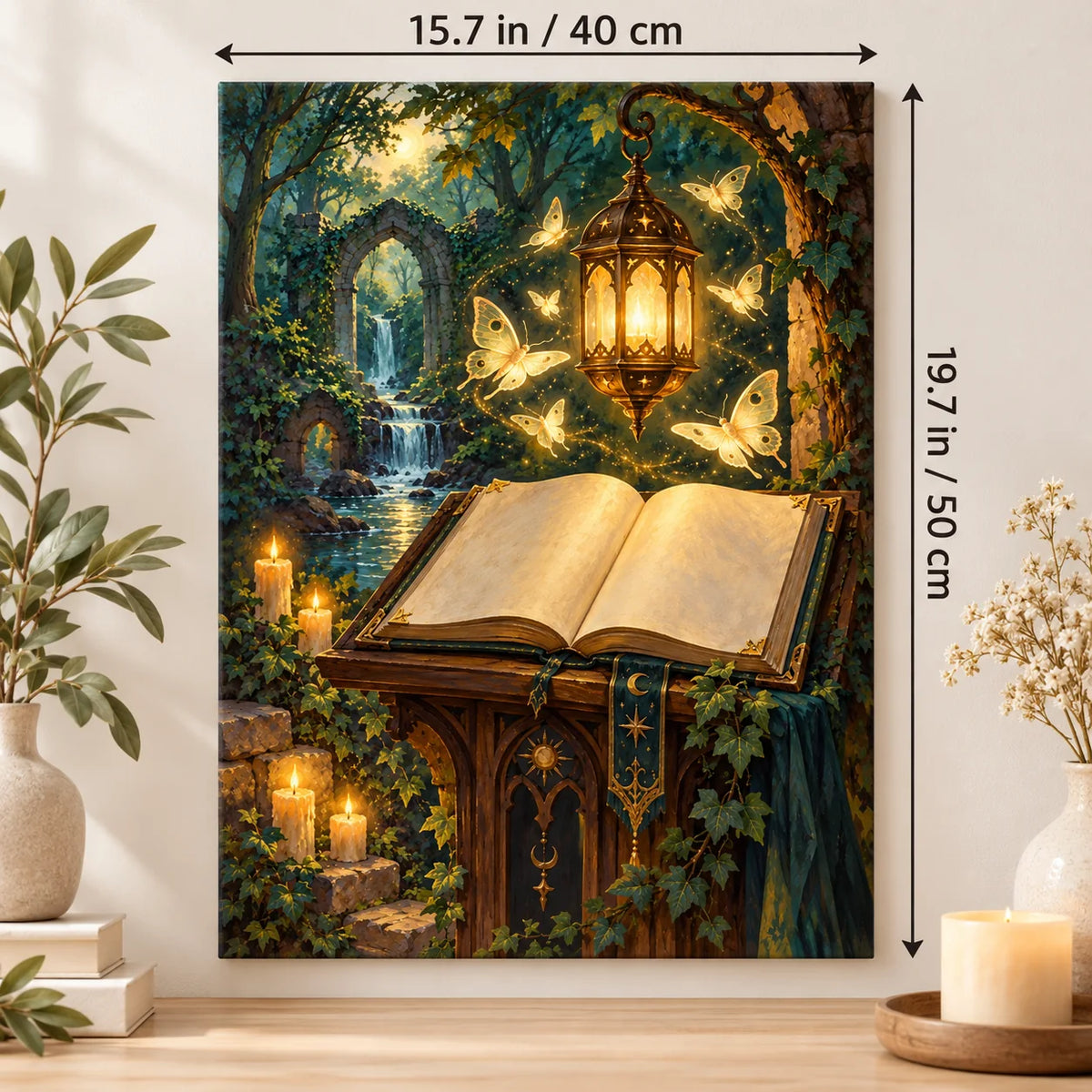 Portrait size guide for the Open Spellbook with Butterfly Lantern in Forest paint by numbers kit, 15.7 × 19.7 in (40 × 50 cm).