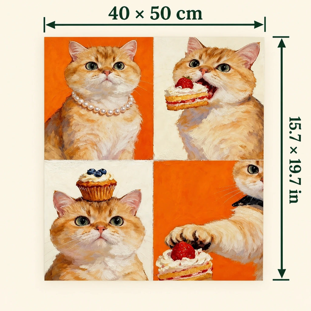 Orange Cat Four Portrait shown in a styled room with 15.7 x 19.7 in and 40 x 50 cm dimensions