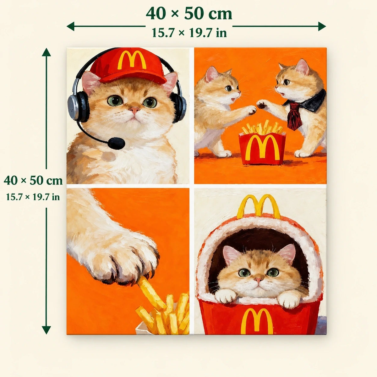 Orange Cat Playful Collage shown in a styled room with 15.7 x 19.7 in and 40 x 50 cm dimensions
