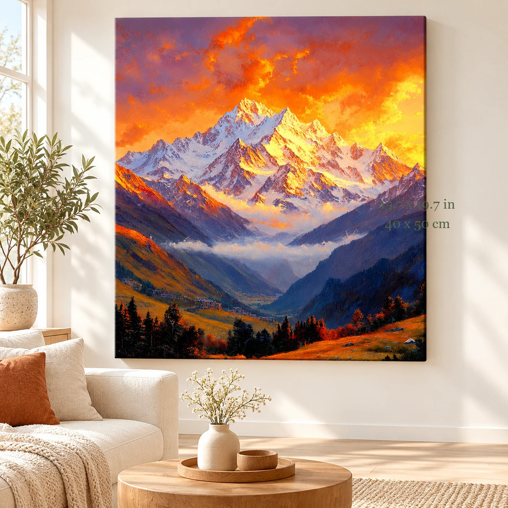 Orange Sky Alpine Mountain paint by numbers canvas in a styled room with 15.7 x 19.7 in and 40 x 50 cm dimensions