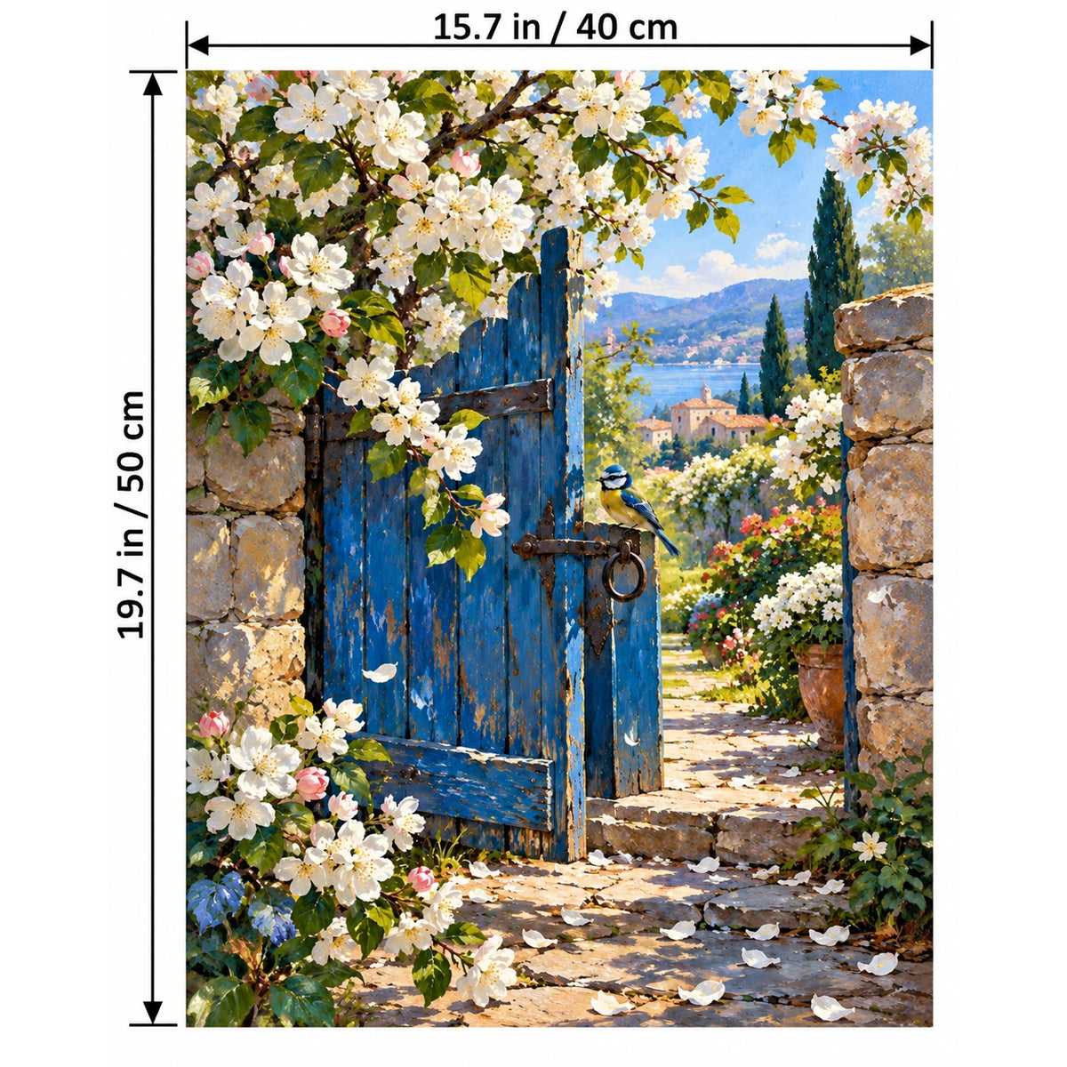 Orchard Blossom Blue Gate paint by numbers canvas shown with 15.7 × 19.7 in (40 × 50 cm) dimensions