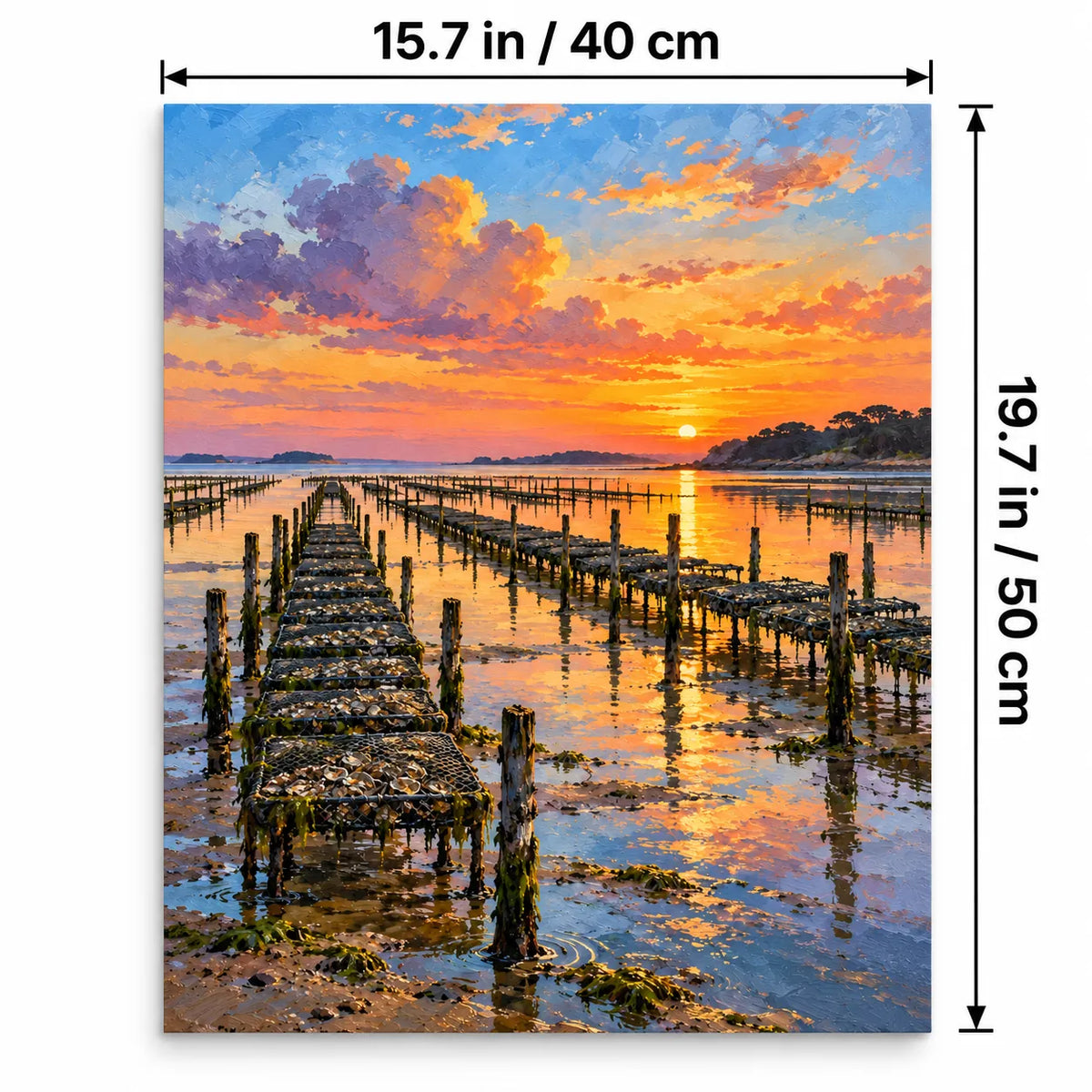 Portrait 40 × 50 cm size guide for the oyster farm low tide paint by numbers kit.