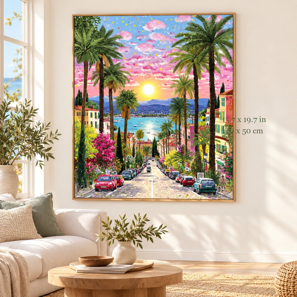 Palm Avenue Sunset by the Sea paint by numbers canvas shown in a styled room with 15.7 x 19.7 in and 40 x 50 cm dimensions