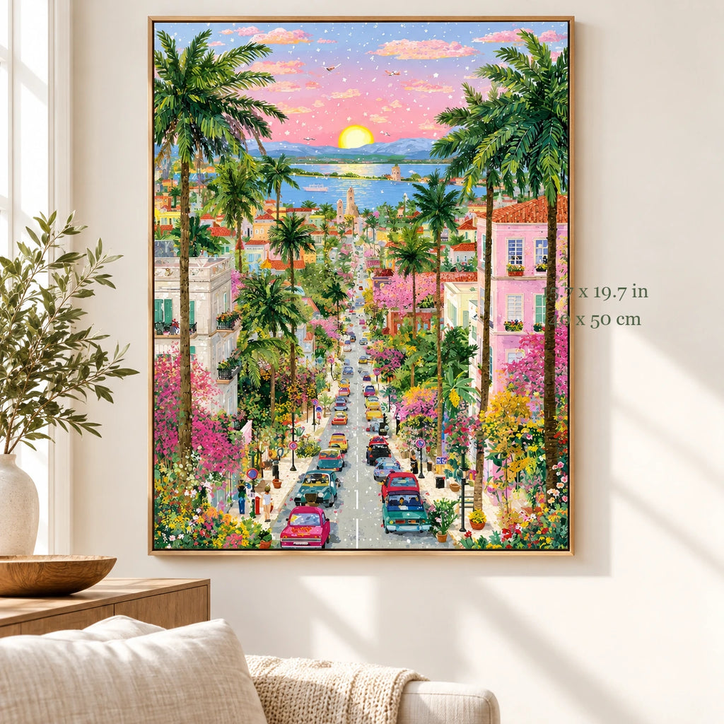 Palm Lined Coastal Town at Sunset paint by numbers canvas in a styled room with 15.7 x 19.7 in and 40 x 50 cm dimensions