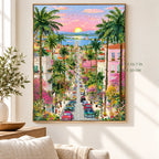 Palm Lined Coastal Town at Sunset paint by numbers canvas in a styled room with 15.7 x 19.7 in and 40 x 50 cm dimensions