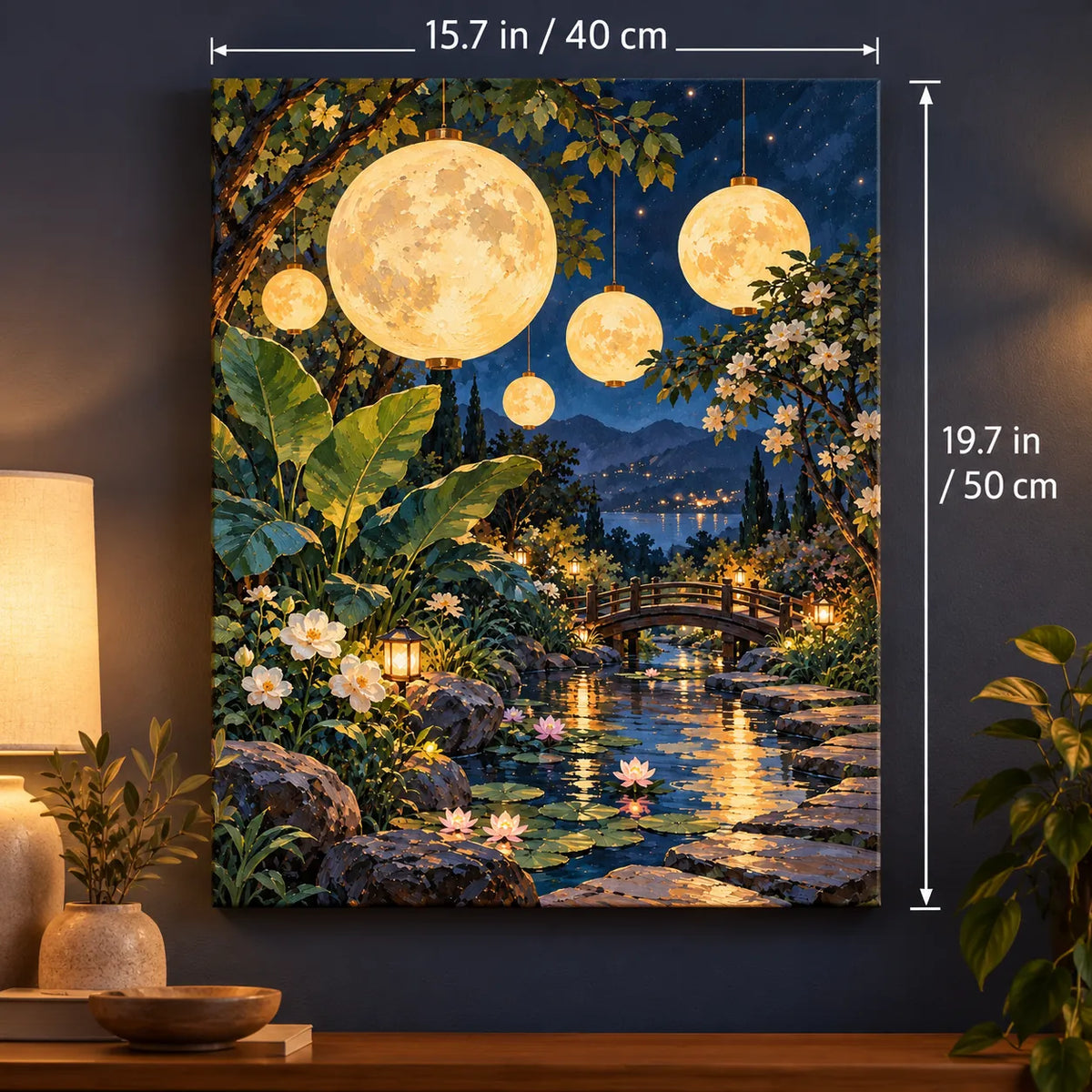 Portrait size guide for the Paper Moons Indigo Garden paint by numbers kit, 15.7 × 19.7 in (40 × 50 cm).