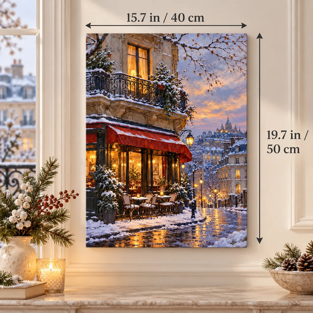 `03-paris-montmartre-winter-cafe-size-guide.webp` — Portrait size guide for the Paris Montmartre winter cafe paint by numbers kit, 15.7 × 19.7 in (40 × 50 cm).