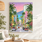 Pastel Seaside Street with Palms paint by numbers canvas in a styled room with 15.7 x 19.7 in and 40 x 50 cm dimensions