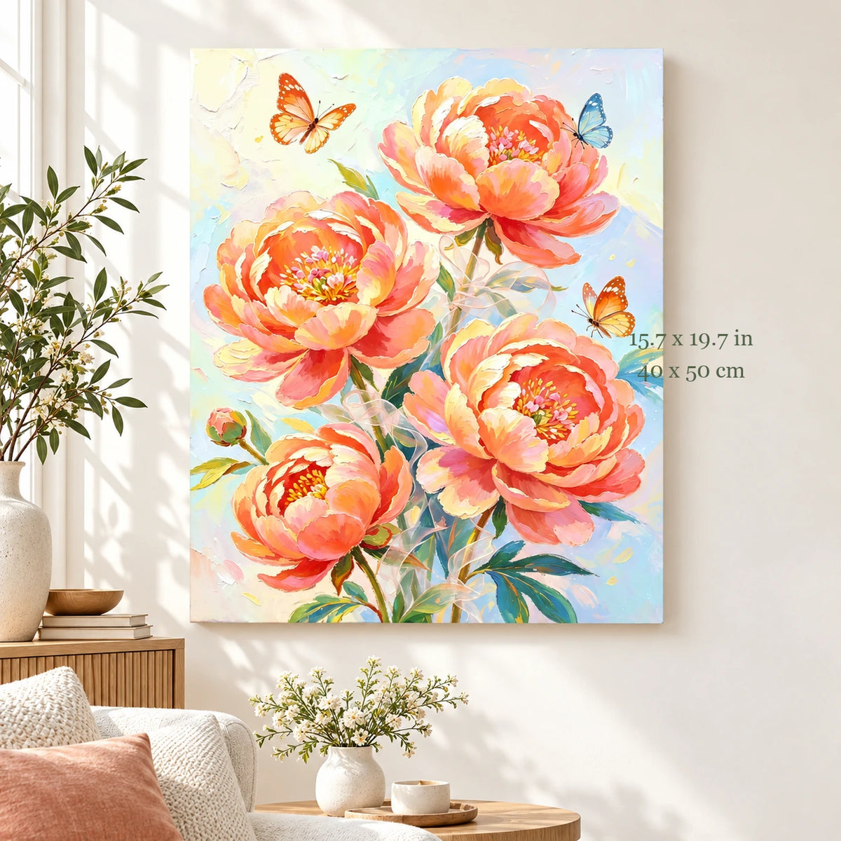 Peach Peonies and Butterflies paint by numbers canvas in a styled room with 15.7 x 19.7 in and 40 x 50 cm dimensions