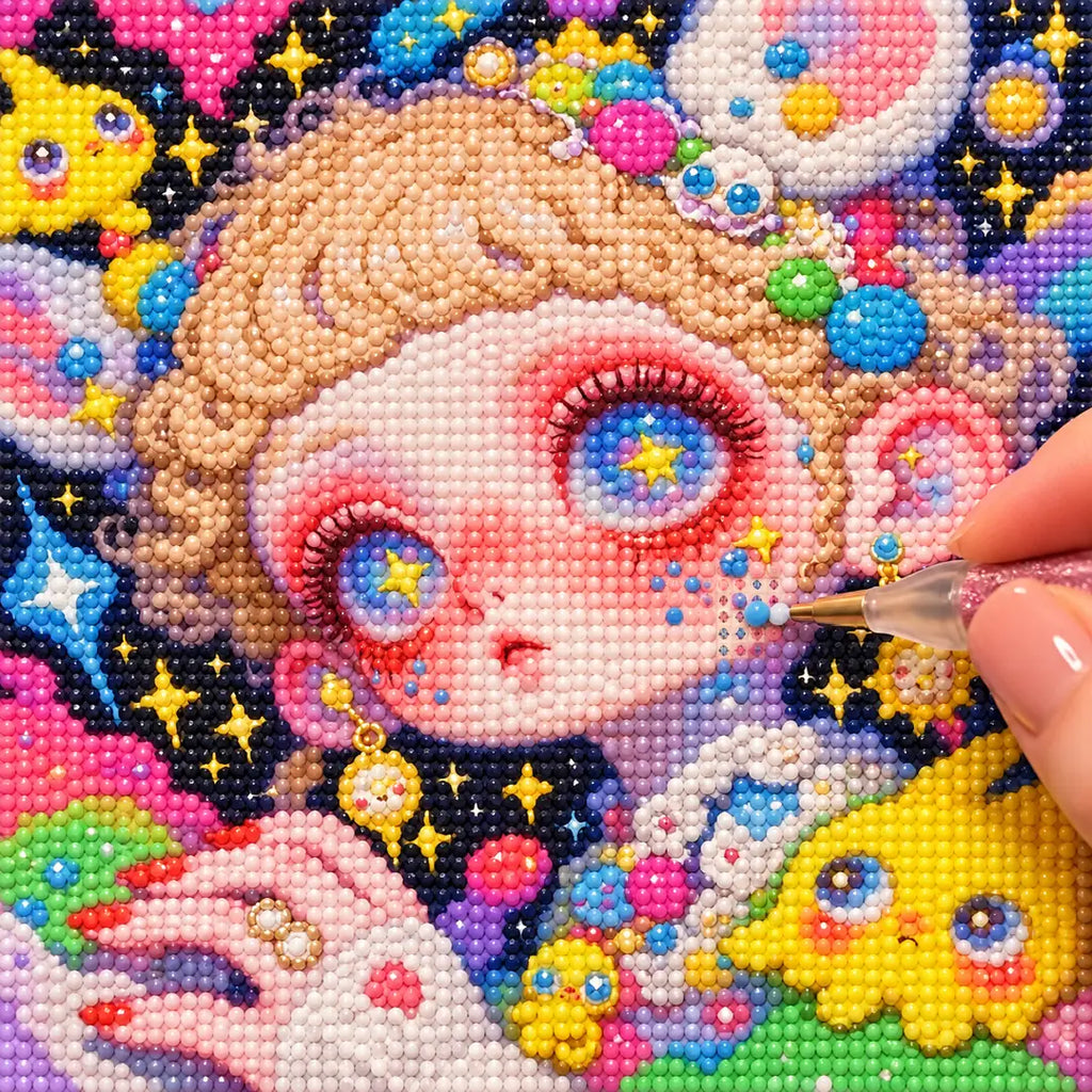 Hands placing drills on the peach star bunny girl diamond painting canvas