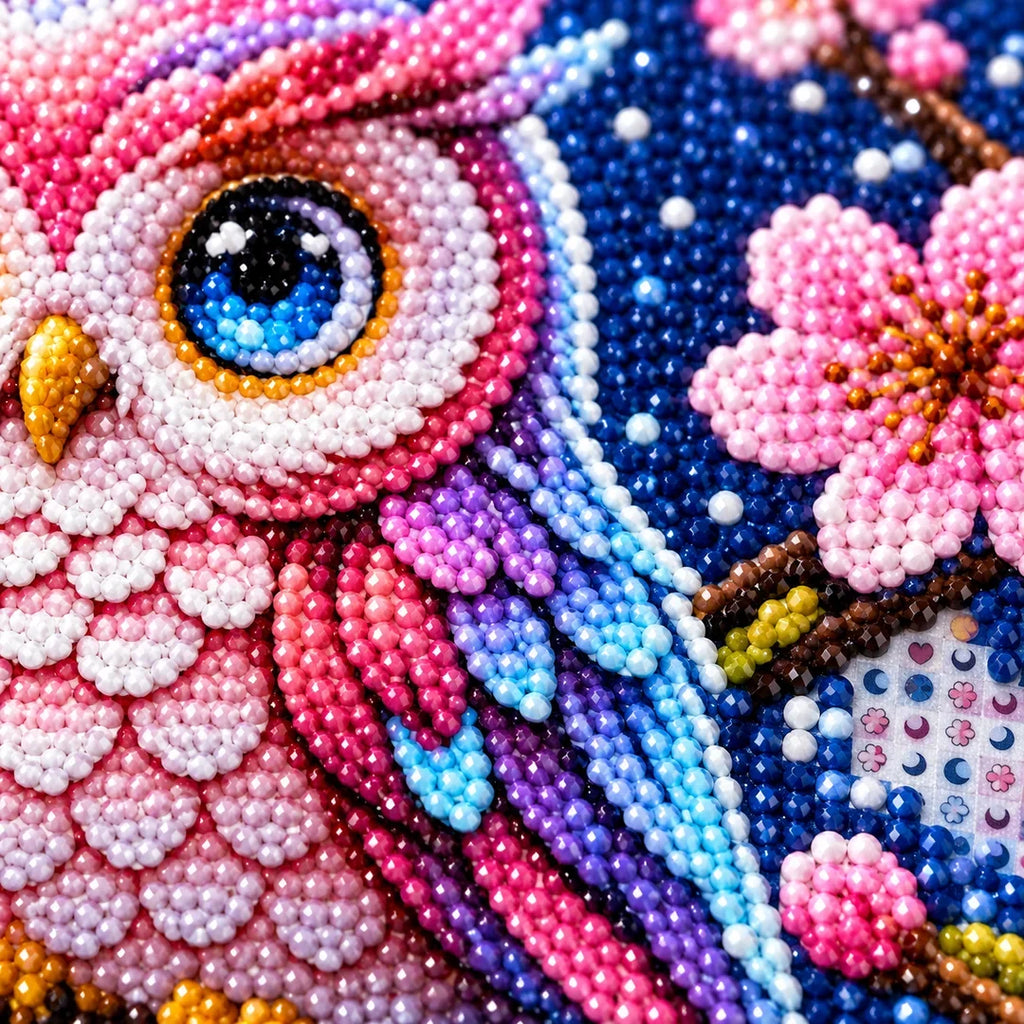 Close detail of uniform resin drills and symbols on Pink Blossom Owl