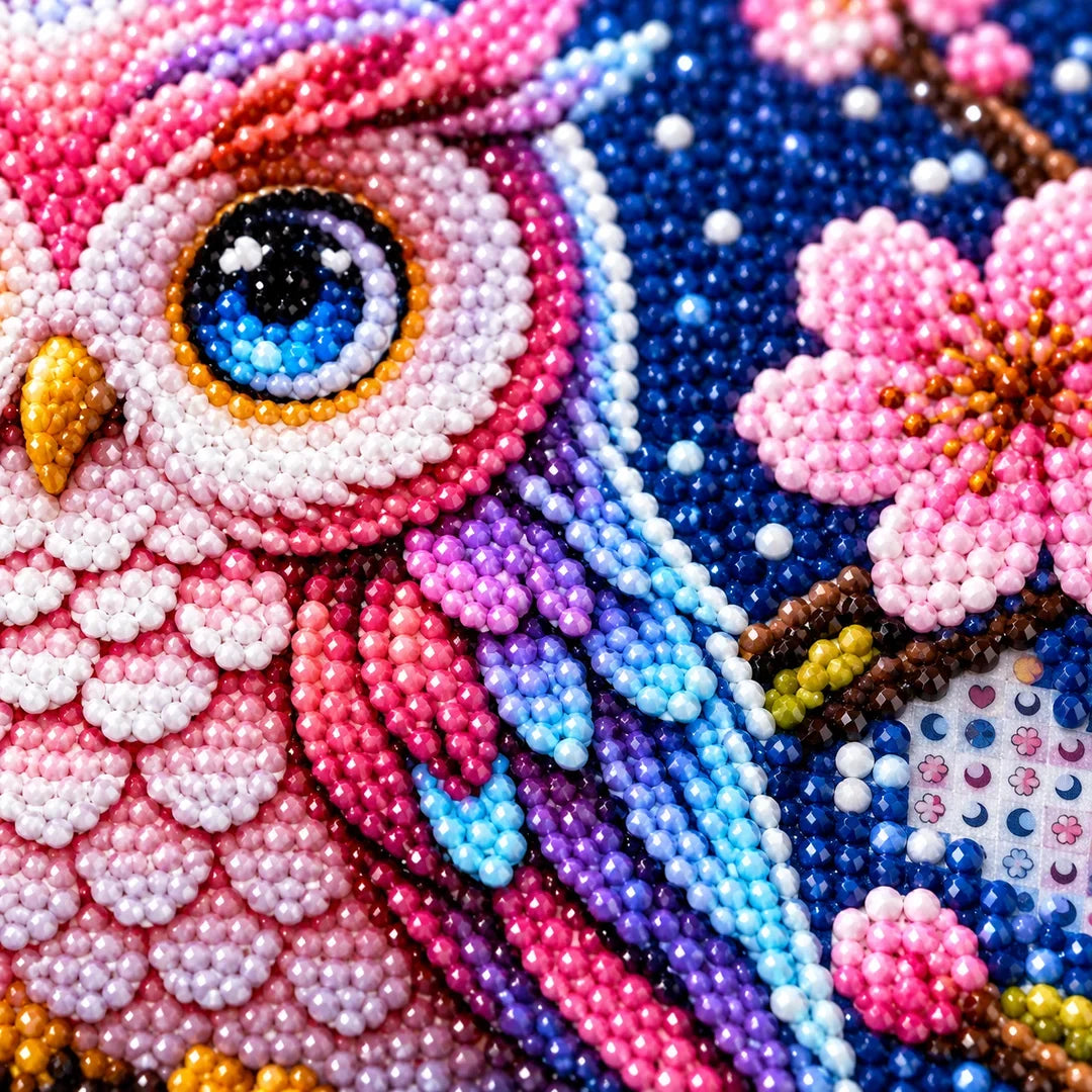 Close detail of uniform resin drills and symbols on Pink Blossom Owl