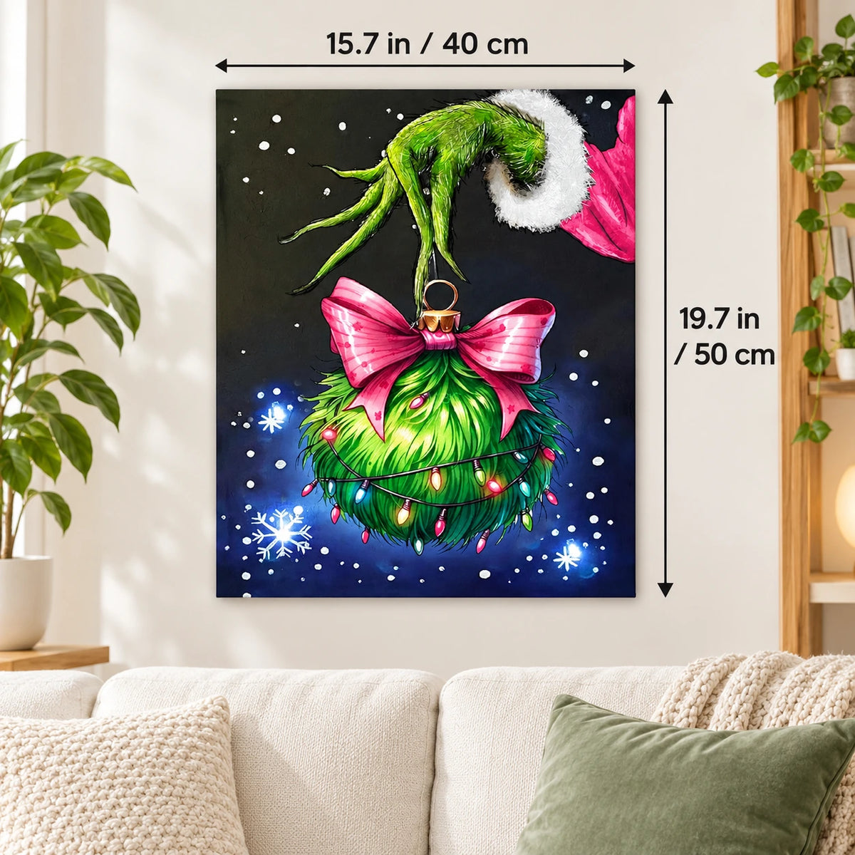 Pink Bow Christmas Ornament Character paint by numbers canvas displayed in a bright living room, 15.7 × 19.7 in / 40 × 50 cm