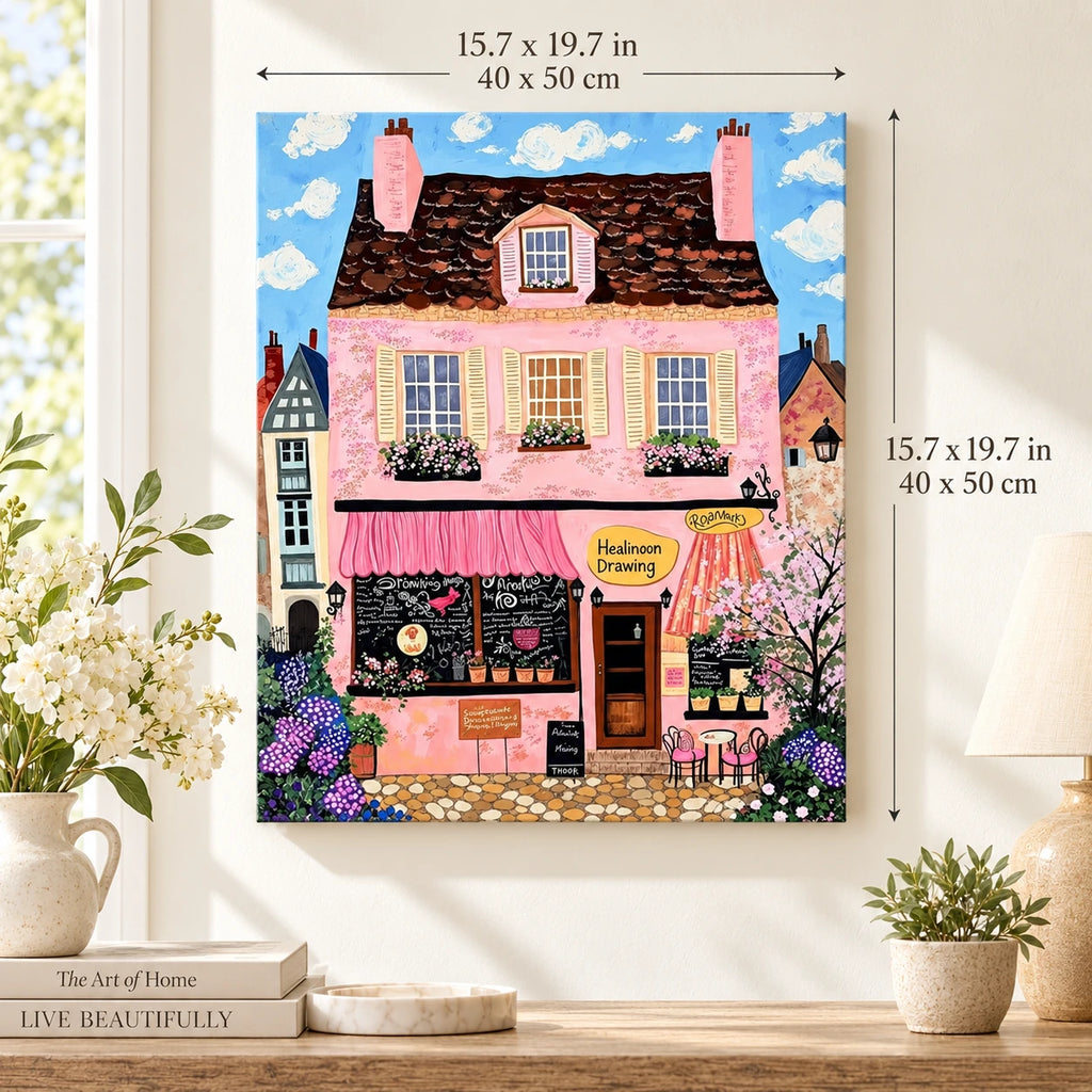 Pink European Cafe Cottage Paint by Numbers canvas in a styled room with 15.7 x 19.7 in and 40 x 50 cm dimensions