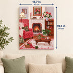 Pink Floral Armchair by the Fireplace canvas in a styled room, 15.7 × 19.7 in / 40 × 50 cm.