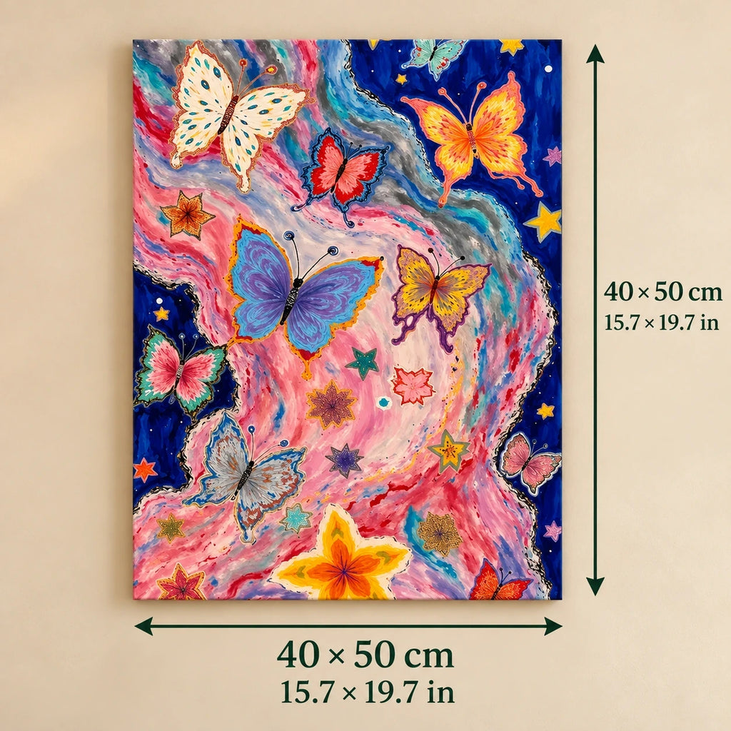 Pink Galaxy Butterfly Garden shown in a styled room with 15.7 x 19.7 in and 40 x 50 cm dimensions