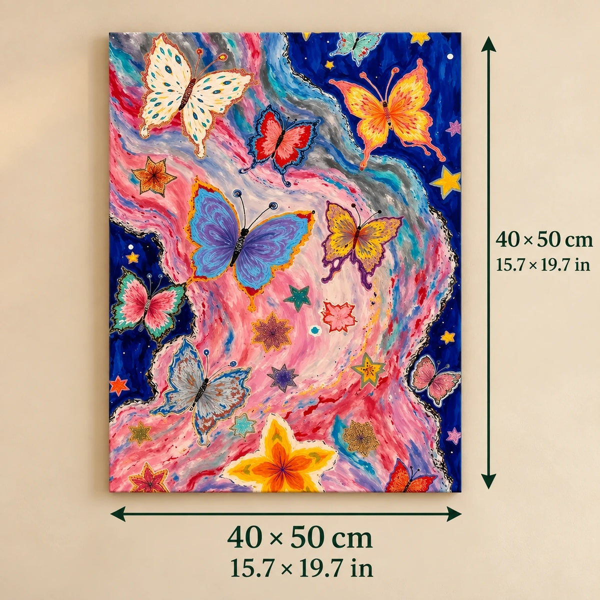 Pink Galaxy Butterfly Garden shown in a styled room with 15.7 x 19.7 in and 40 x 50 cm dimensions