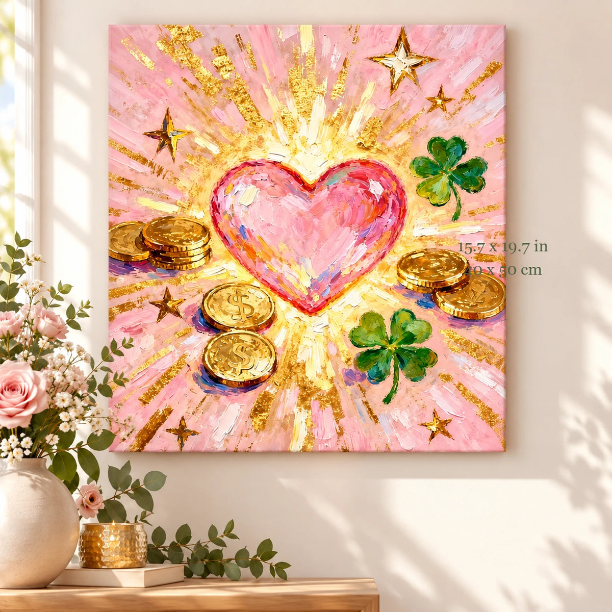 Pink Heart and Lucky Charms paint by numbers canvas in a styled room with 15.7 x 19.7 in and 40 x 50 cm dimensions
