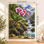 Pink Orchid Rocky Waterfall paint by numbers canvas shown in a styled room with 15.7 × 19.7 in (40 × 50 cm) dimensions.