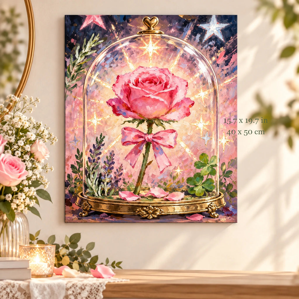 Pink Rose Under Glass Dome paint by numbers canvas in a styled room with 15.7 x 19.7 in and 40 x 50 cm dimensions