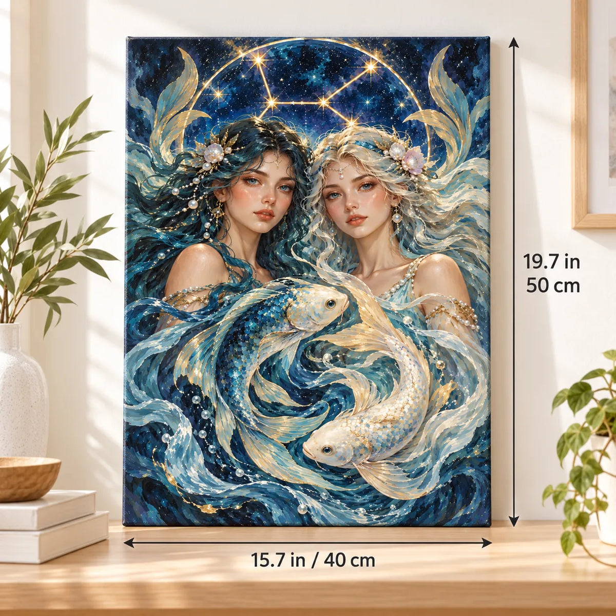 Portrait size guide for the Pisces Twin Women with Celestial Koi paint by numbers kit, 15.7 × 19.7 in (40 × 50 cm).