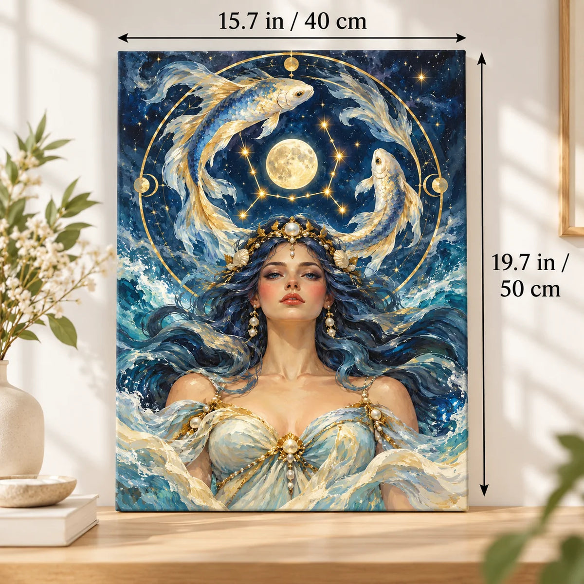 Portrait size guide for the Pisces Woman with Full Moon and Koi paint by numbers kit, 15.7 × 19.7 in (40 × 50 cm).