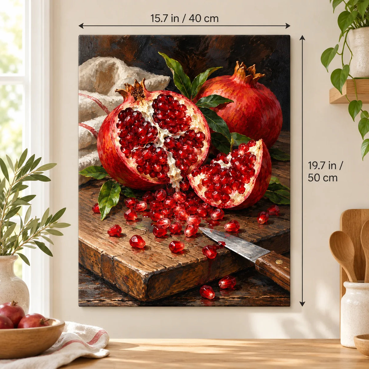 Portrait size guide for the Pomegranate Seeds Dark Board paint by numbers kit, 15.7 × 19.7 in (40 × 50 cm).