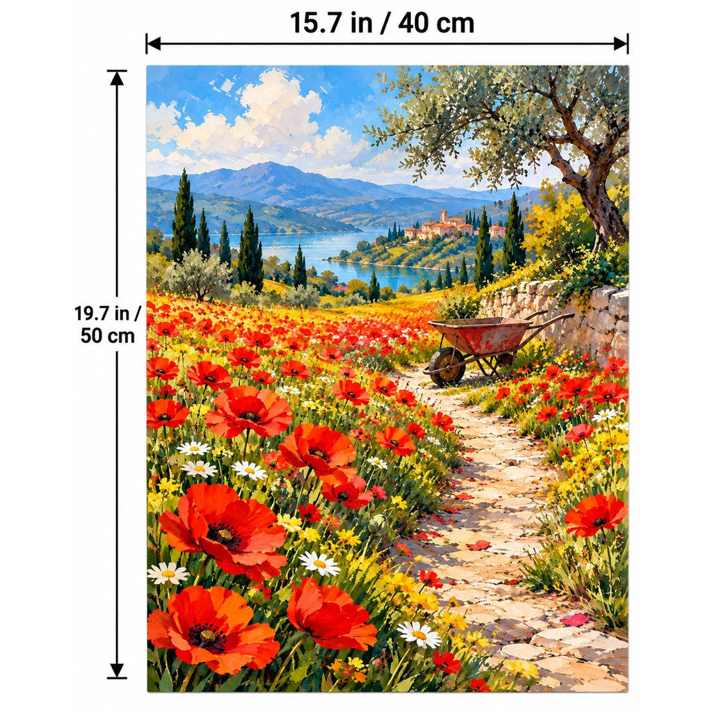 Poppy Field Red Wheelbarrow paint by numbers canvas shown in a styled room with 15.7 × 19.7 in (40 × 50 cm) dimensions