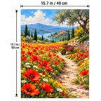Poppy Field Red Wheelbarrow paint by numbers canvas shown in a styled room with 15.7 × 19.7 in (40 × 50 cm) dimensions
