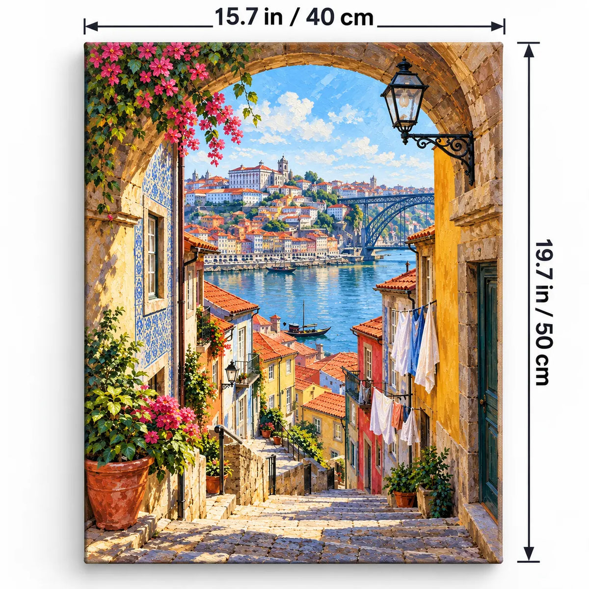 Portrait 40 × 50 cm size guide for the porto riverside arch laundry steps paint by numbers kit.