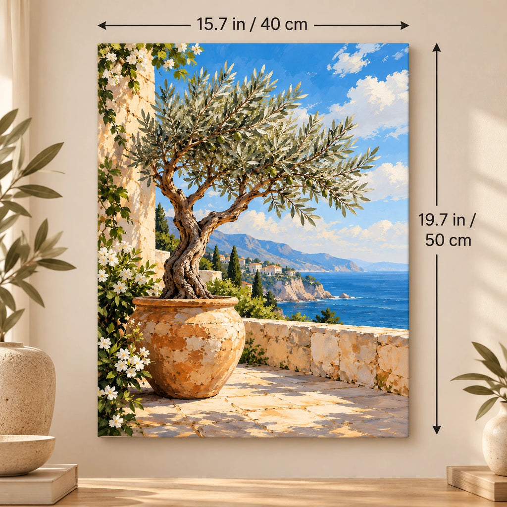 Portrait olive terrace canvas with size labels of 15.7 by 19.7 inches (40 by 50 cm).