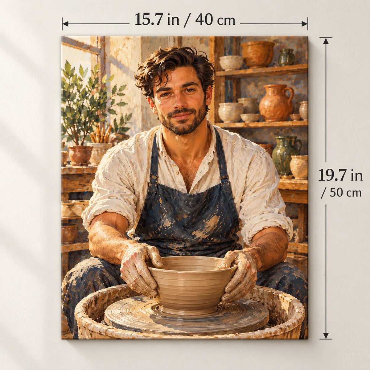 Portrait size guide for the Potter Shaping a Bowl on the Wheel paint by numbers kit, 15.7 × 19.7 in (40 × 50 cm).