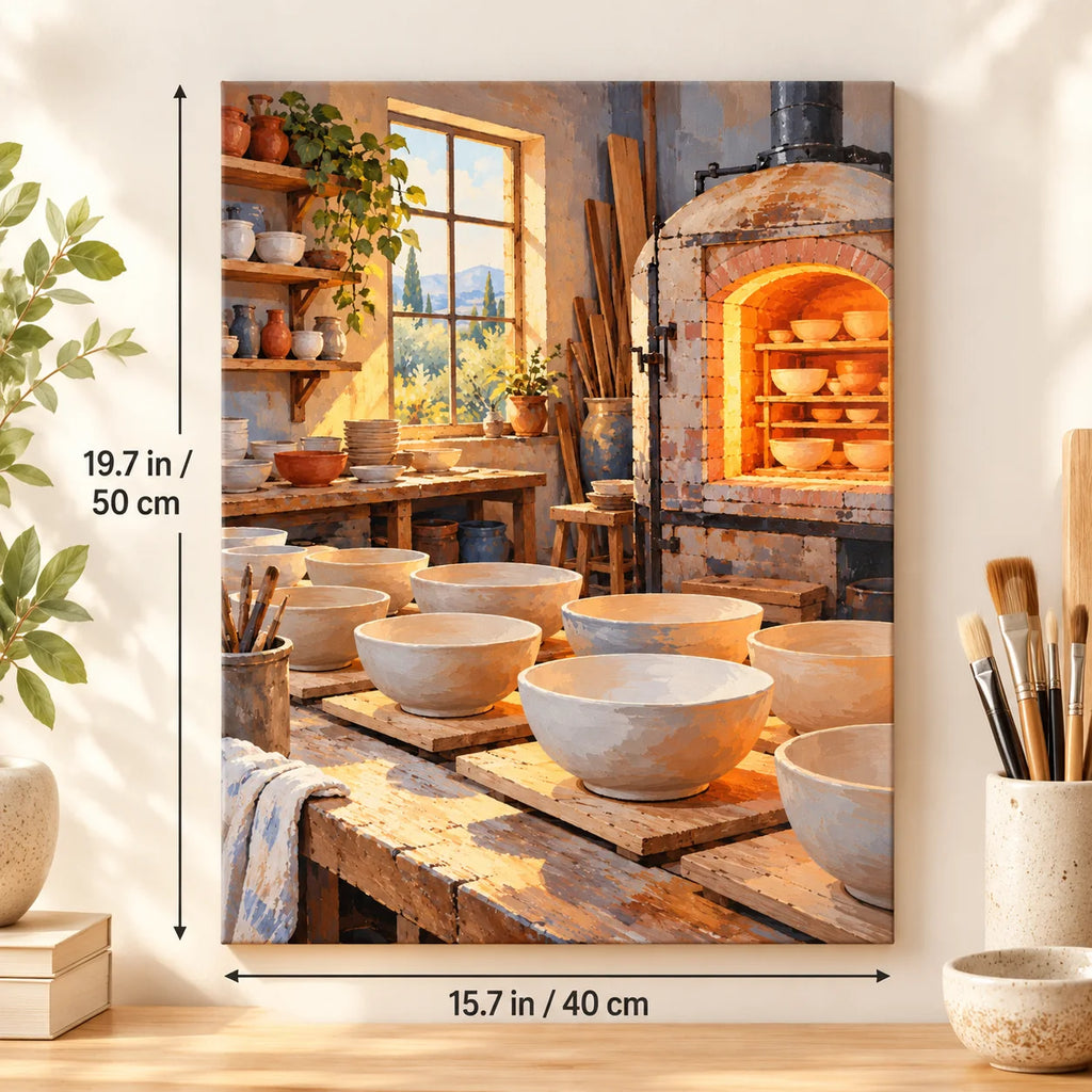 `03-pottery-kiln-cooling-size-guide.webp` — Portrait size guide for the Pottery Kiln Cooling paint by numbers kit, 15.7 × 19.7 in (40 × 50 cm).