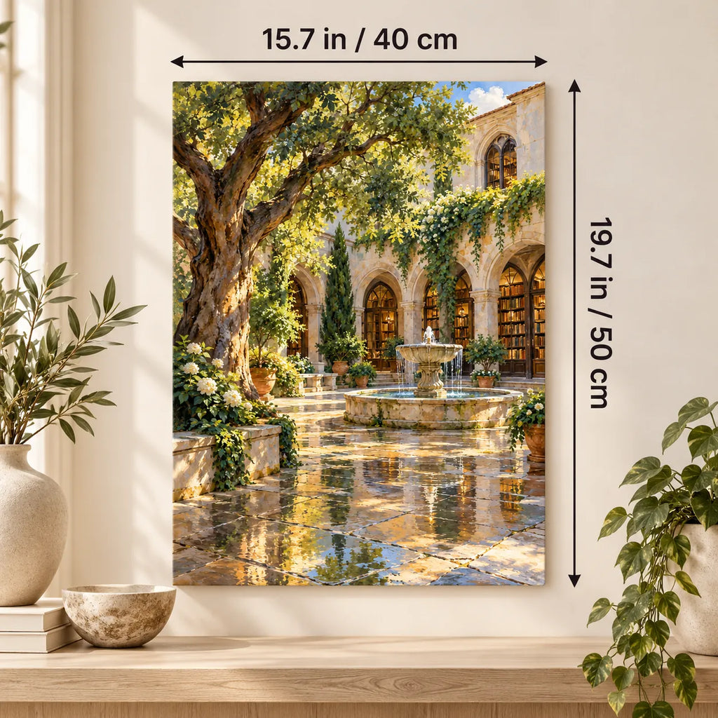 Portrait size guide for the Prague library courtyard fountain paint by numbers kit, 15.7 × 19.7 in (40 × 50 cm).